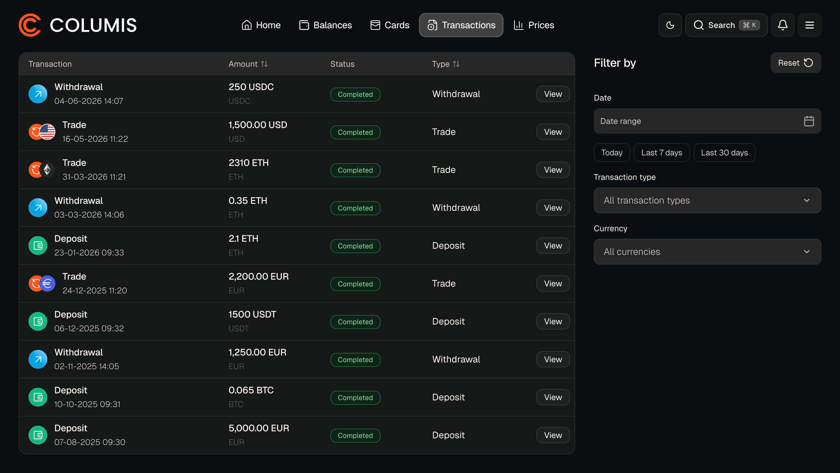 Columis transaction dashboard